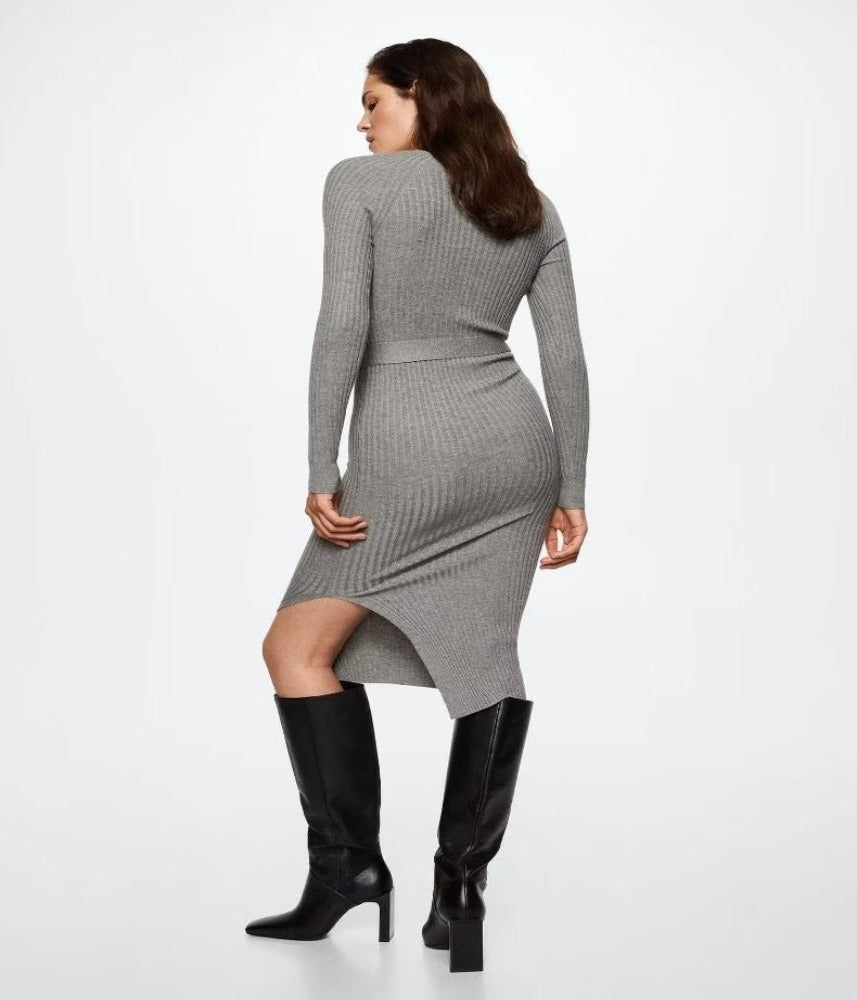 Tied Waist Slimming Ribbed Knitted Dress