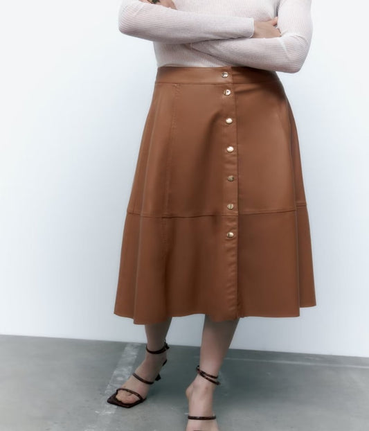 Buttoned Faux Leather Flare Skirt