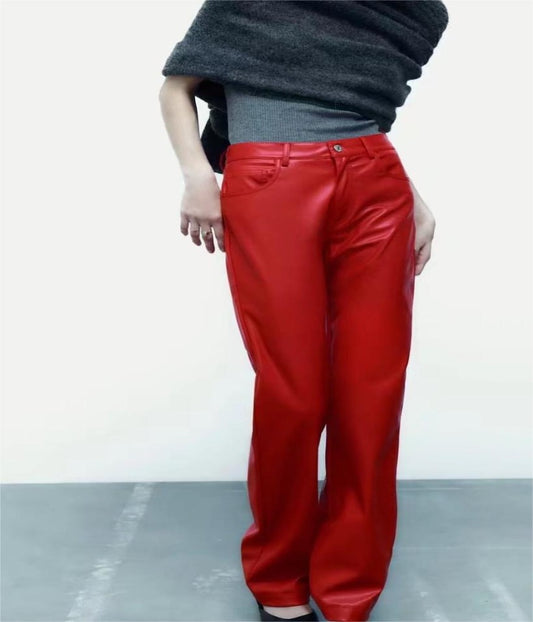 Red Faux Leather Urban Pants