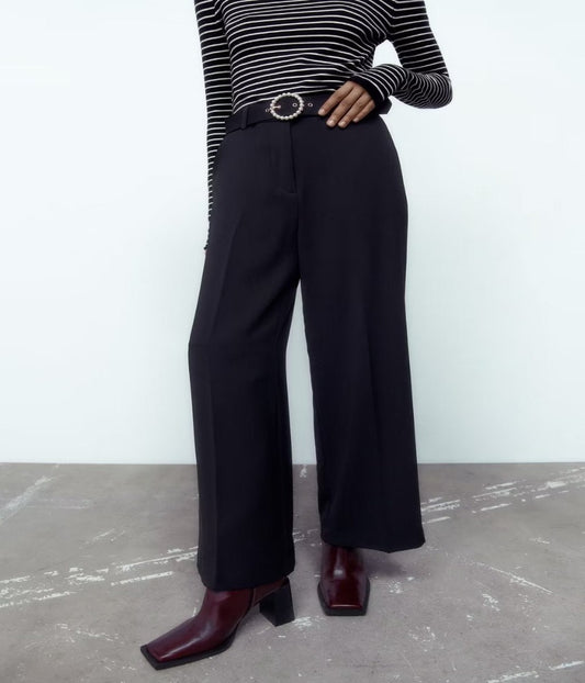 Wide Leg Trousers with Pearl Buckle Belt