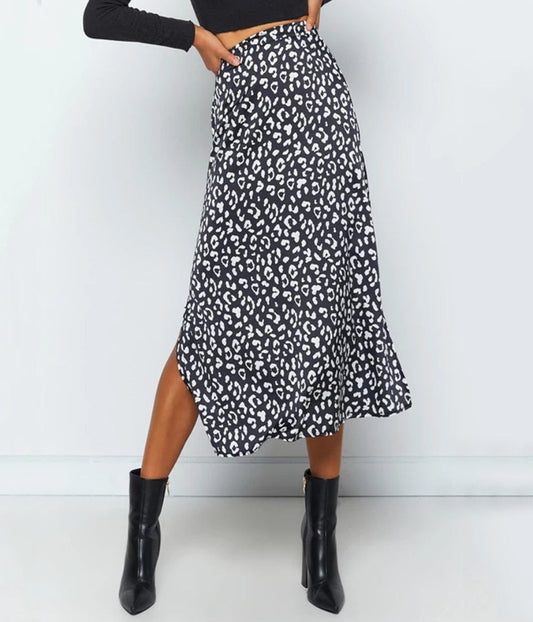 Leopard Print Chiffon Slit Skirt