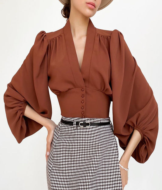 Puff Sleeve French Buttoned Waist Blouse