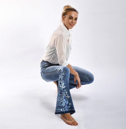 Embroidery Bell Bottom Jeans