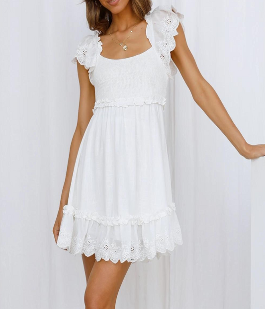 White Ruffle Eyelet Embroidery Summer Dress