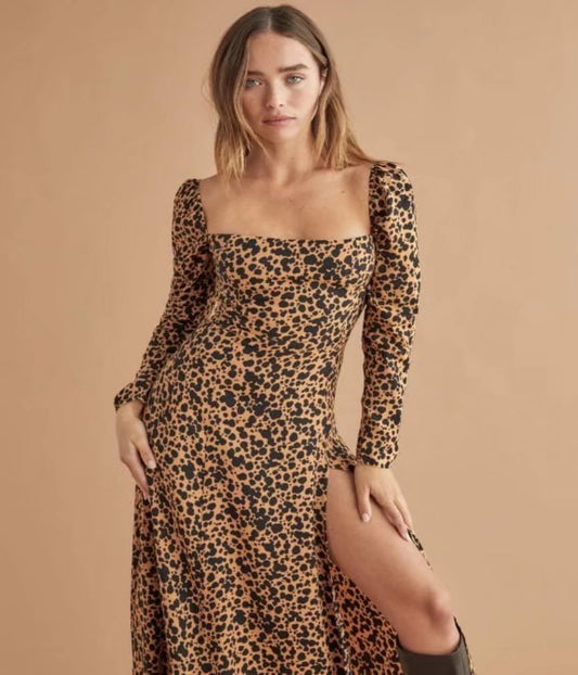 Square Collar Slit Leopard Print Dress