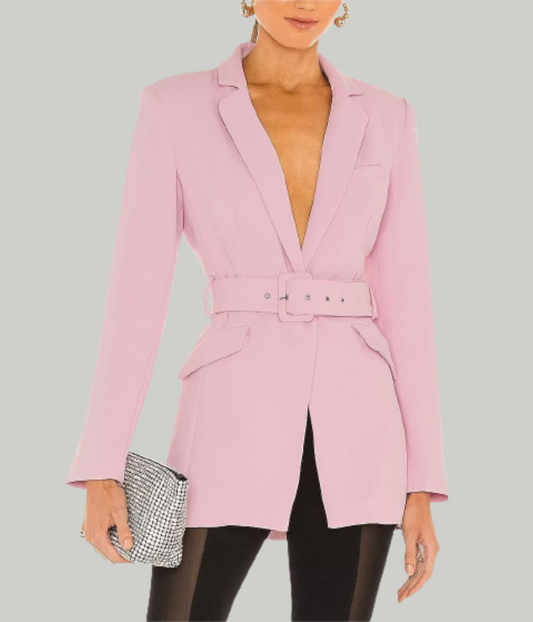 Belted Waist Collared Pink Blazer