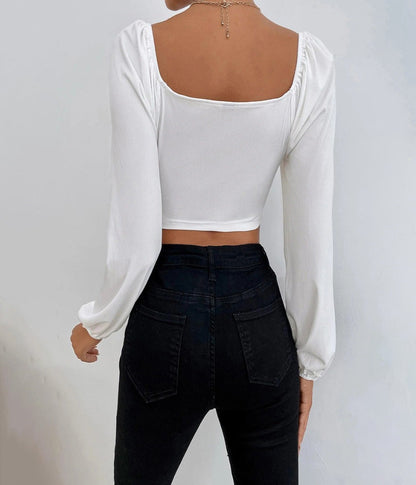 Lantern Sleeve Pleated Cropped Top
