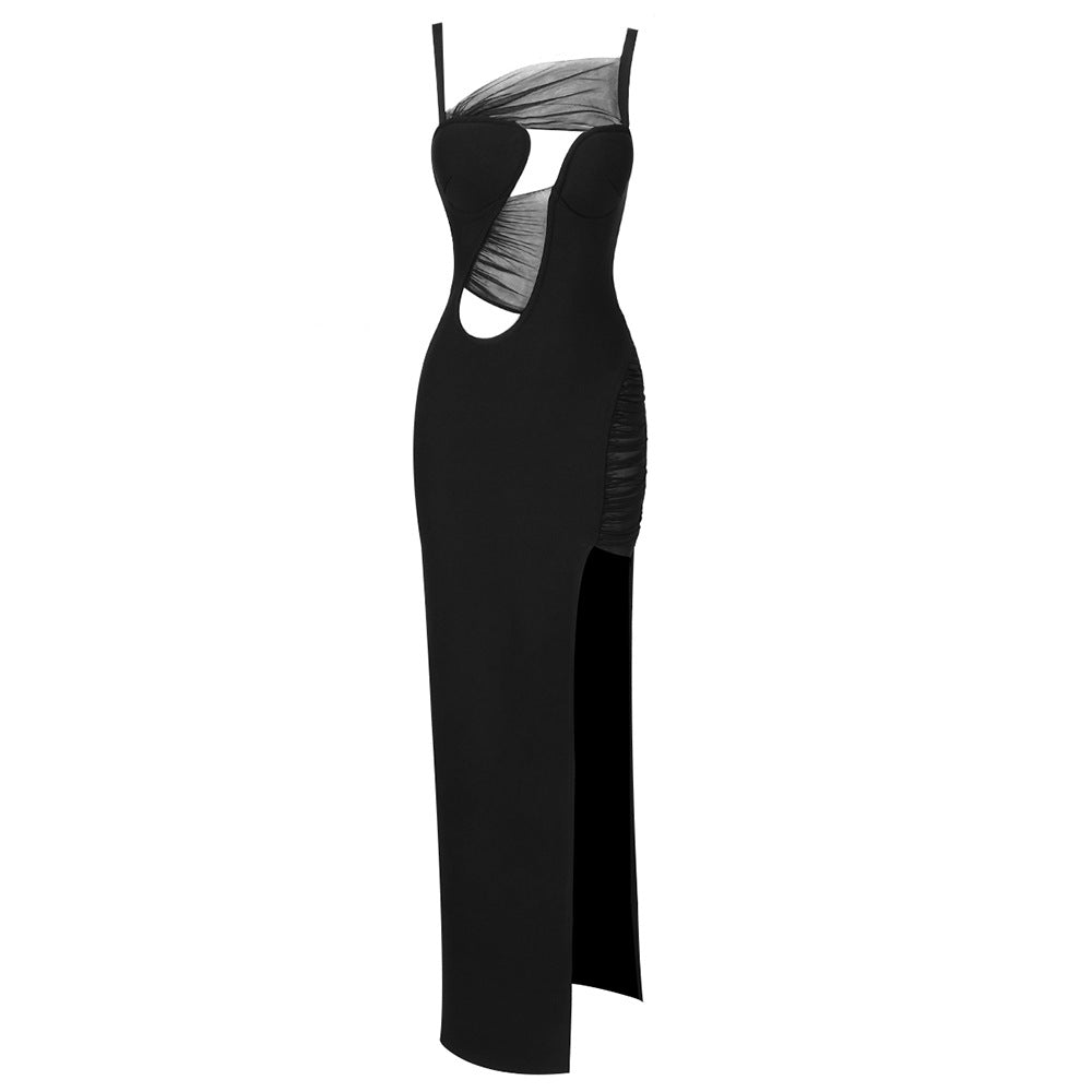 Black Cutout Mesh Split Maxi Dress