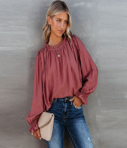 Red Ruffled Long Sleeve Blouse