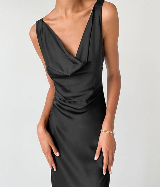 Swing Collar Silk Black Dress