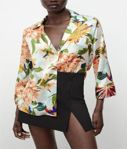 Wide Sleeve Wing Collar Printed Shirt