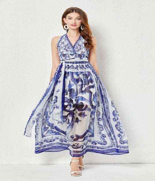 Backless Pleated High Waist Tencel Printed Dress