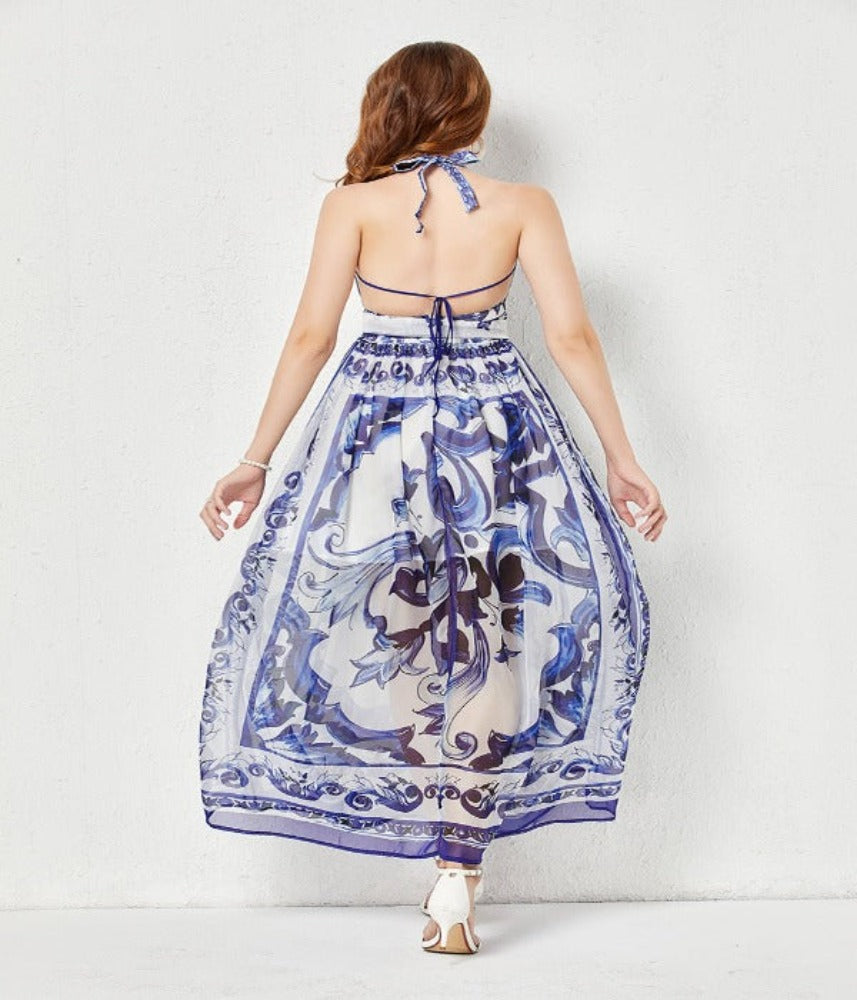 Backless Pleated High Waist Tencel Printed Dress
