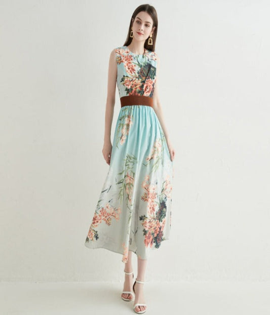 Belted Waist Floral Ombre Maxi Dress