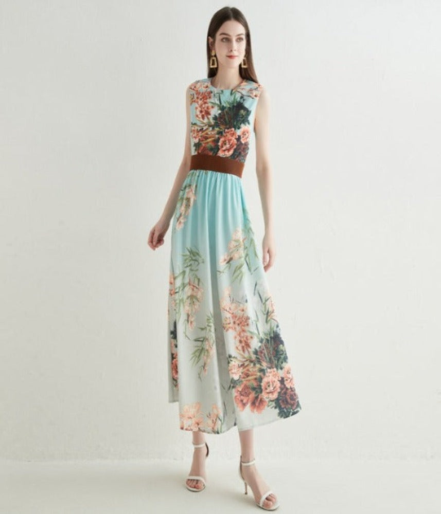 Belted Waist Floral Ombre Maxi Dress