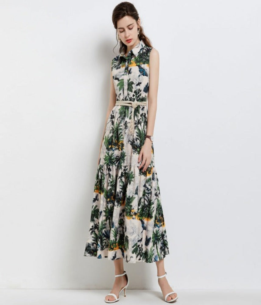 A-Line Collared Printed Maxi Dress