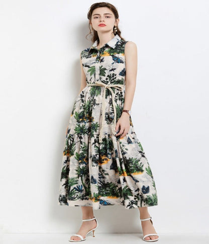 A-Line Collared Printed Maxi Dress