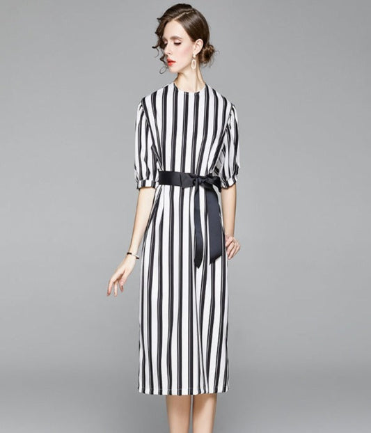 Classic Black & White Striped Lace Up Dress