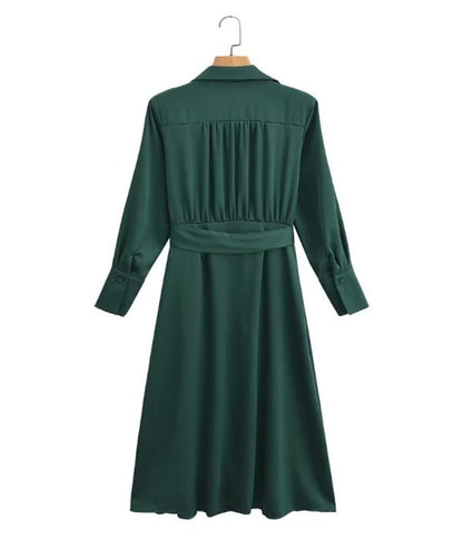 French Collared Belted Waist Maxi Dress