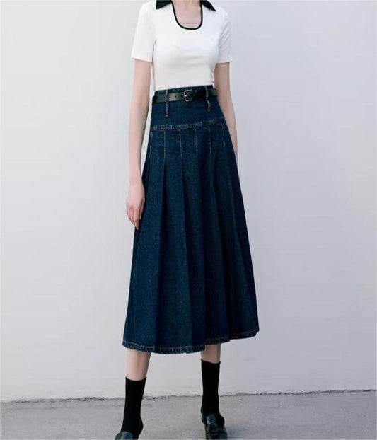High Waist Pleated Denim Midi Skirt
