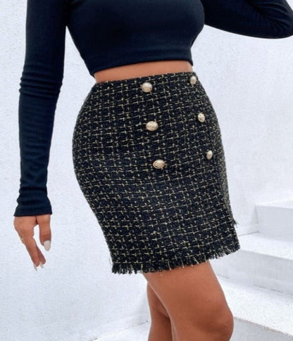 Double-Breasted Fringe Hem Skirt