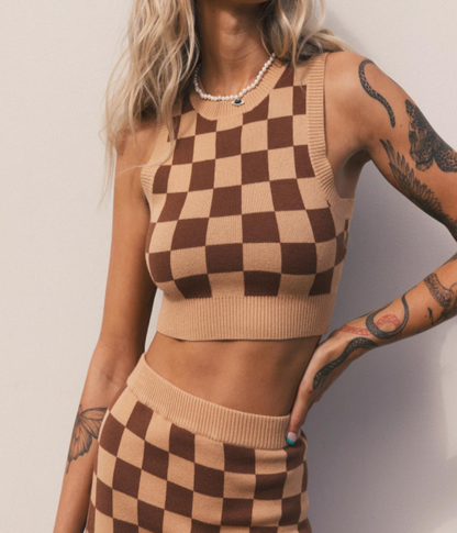Chessboard Plaid Knitted Top