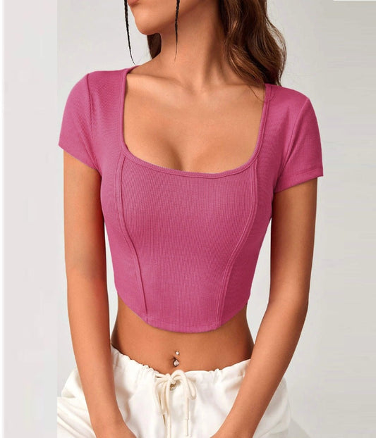 Square Collar Knitted Corset Pink Top