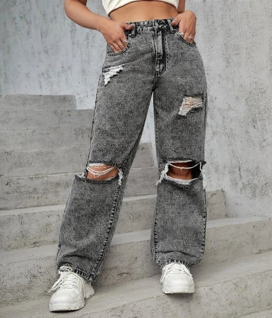 High Raise Ripped Gray Jeans