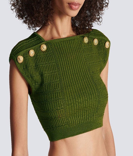 Sleeveless Knitted Ornamented Cropped Tee