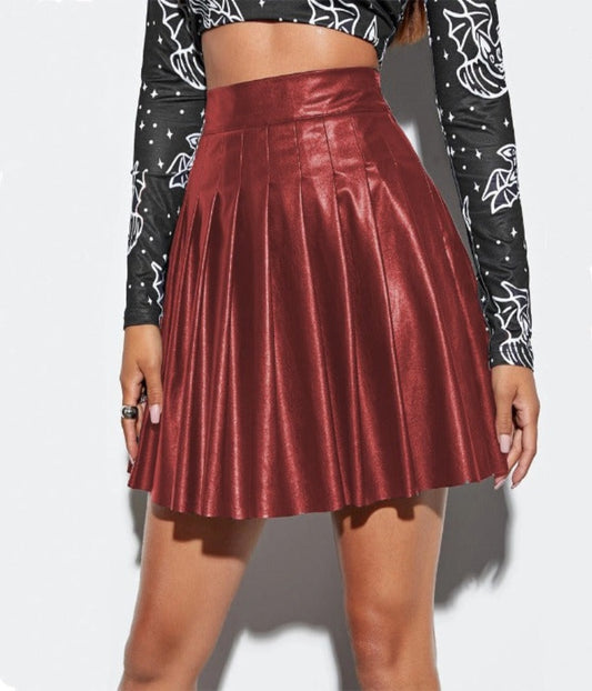 Pleated Faux Leather Metallic Skirt