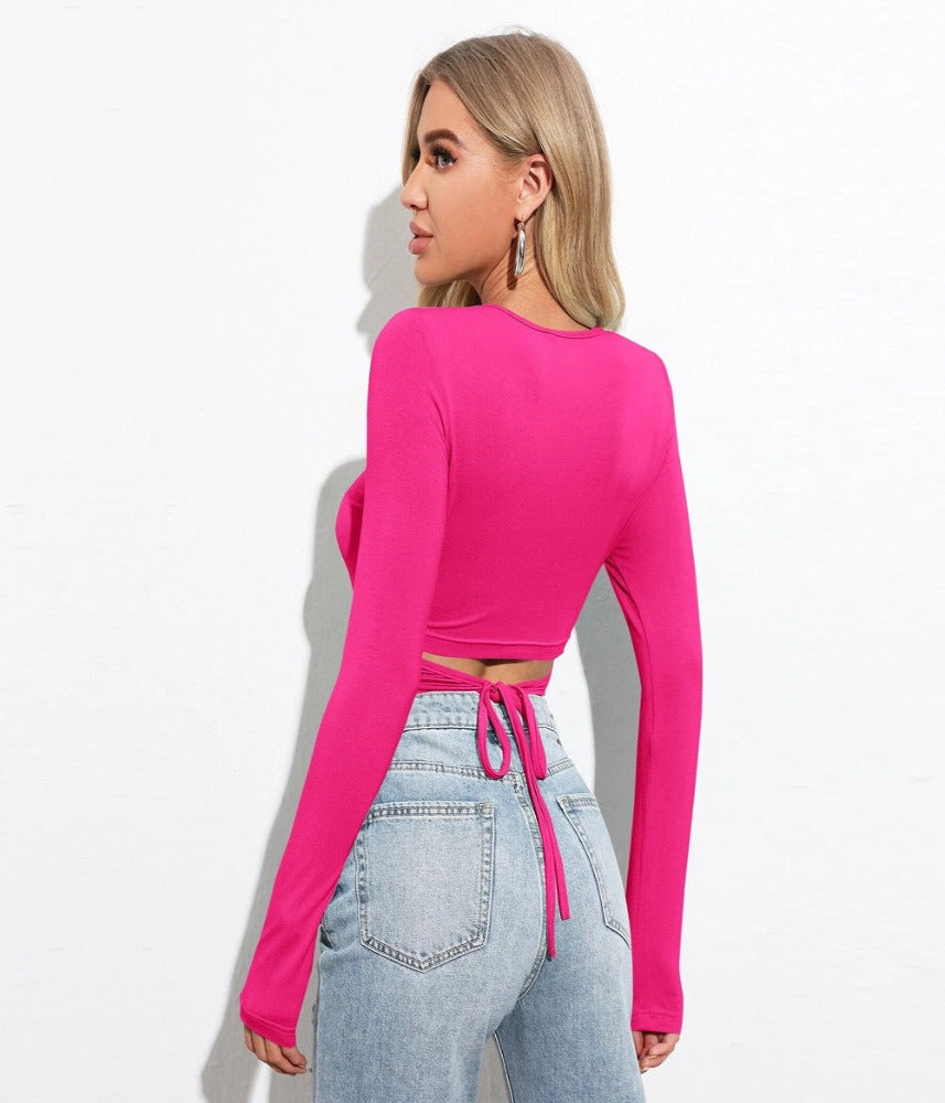 Slim Fit Long Sleeve Pink Cropped Top