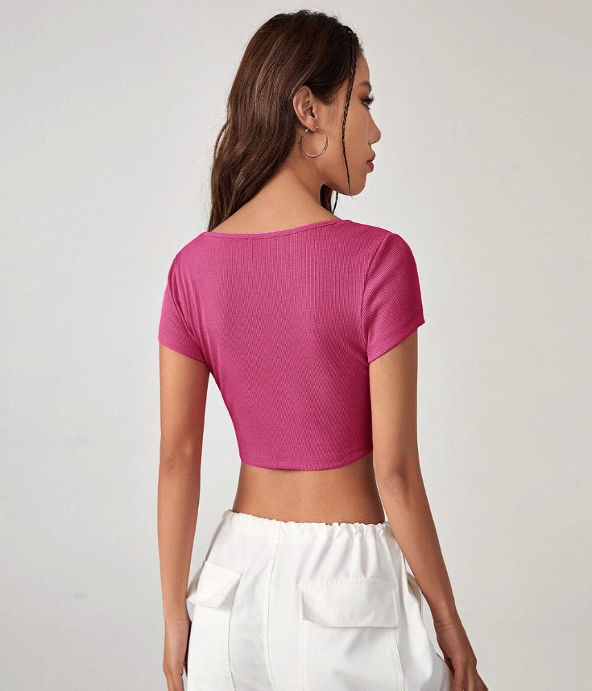 Square Collar Knitted Corset Pink Top
