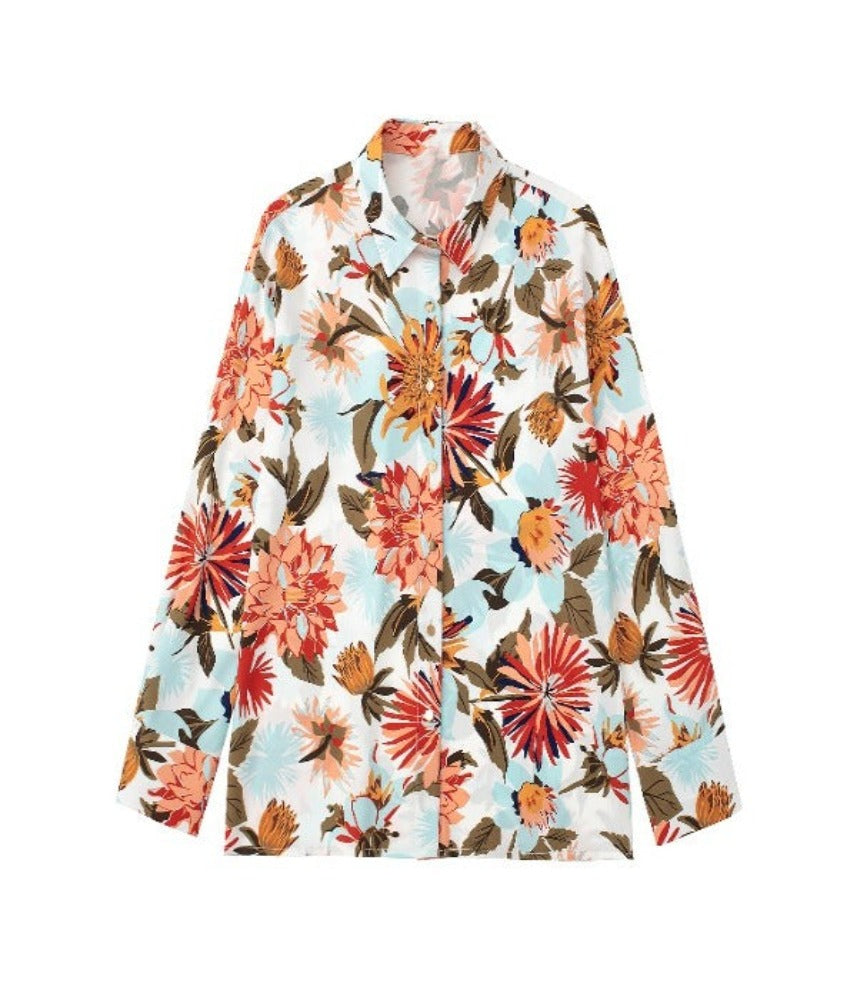 Collared Satin Floral Summer Shirt