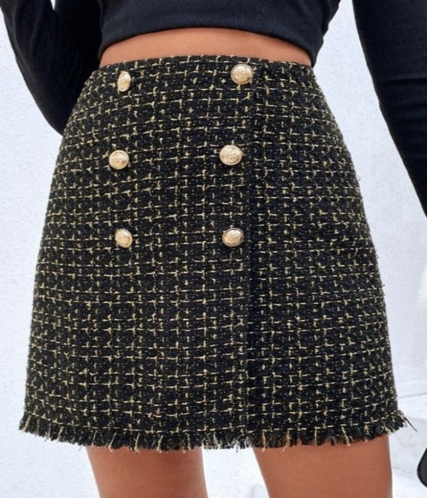 Double-Breasted Fringe Hem Skirt